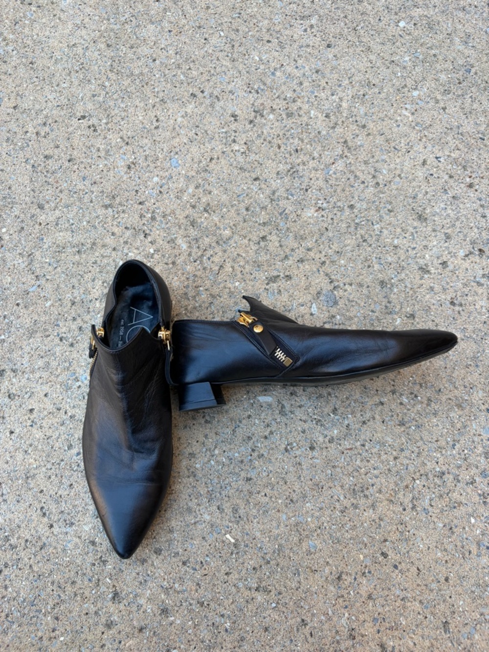 Agl Black Pointed Leather Ankle Boots with Gold Accent